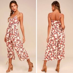 Free People Hot Tropics Cream Print Midi Jumpsuit Red Cream Tropical Floral Sz 0
